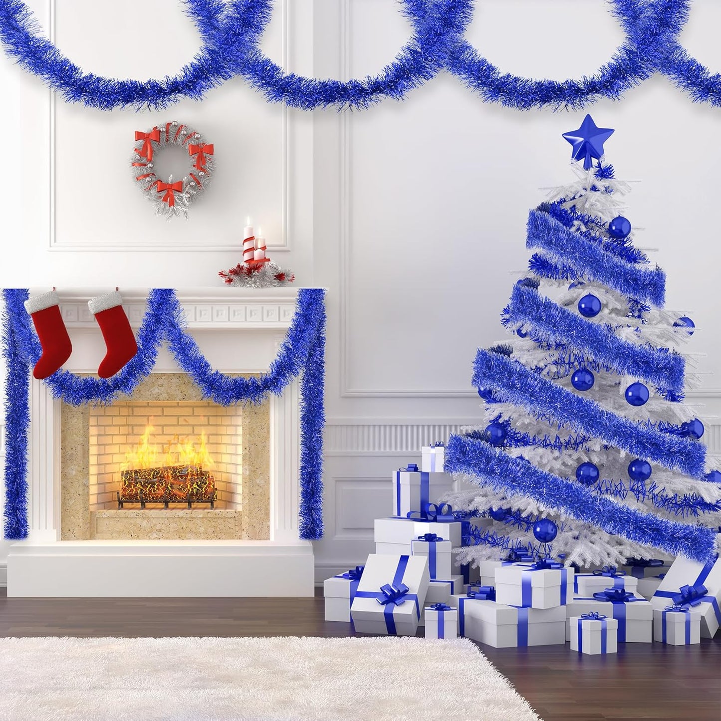 32.8 Ft Blue Christmas Tinsel Garland Metallic Shiny Tassle Banner Wall Hanging Tinsel Streamers Backdrop for Christmas Holiday Birthday Party Supplies Indoor Outdoor Ornaments Home Decor