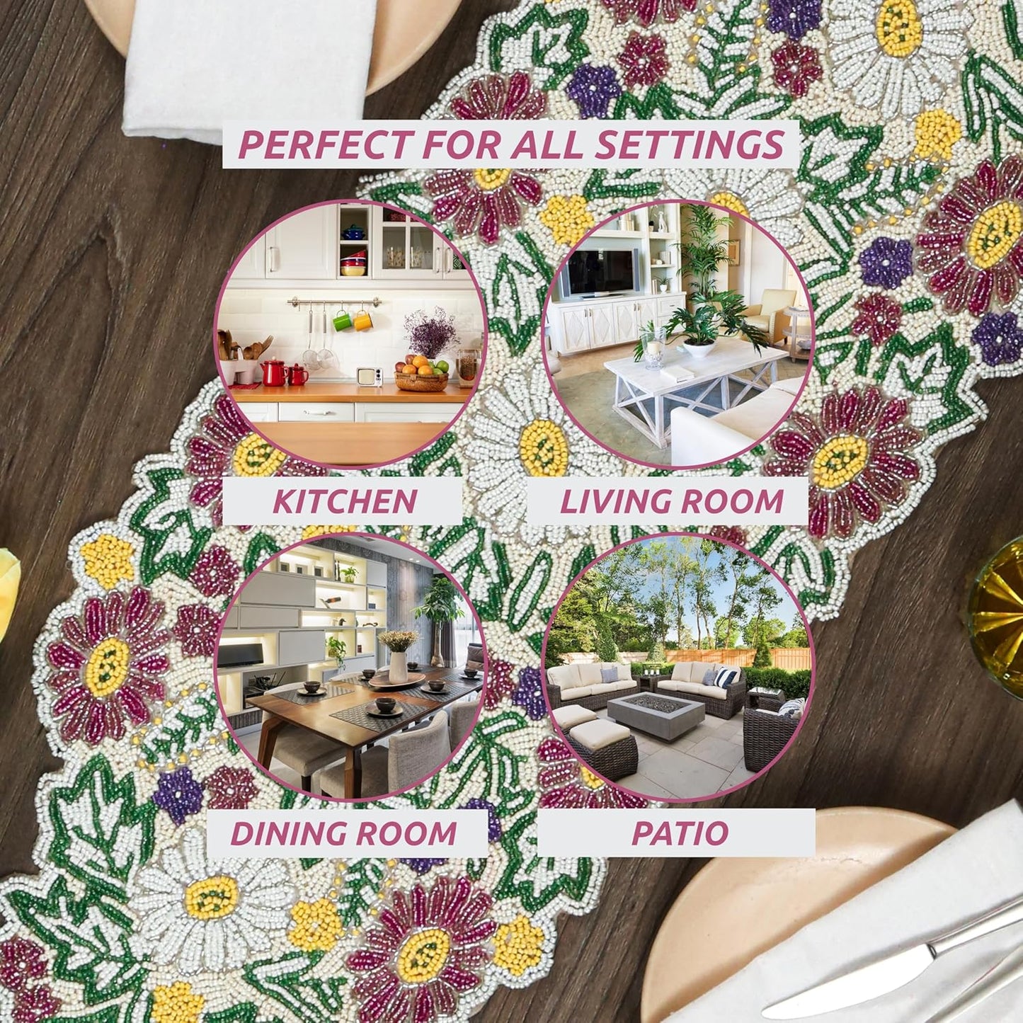 Luxury Beaded Table Runner - 13x36 Inches Handcrafted Spring Floral Design with Glass Beads & Polyester Back - Elegant Table Decor for Dining, Coffee Table & Events (Multi) - CLEENTABLE