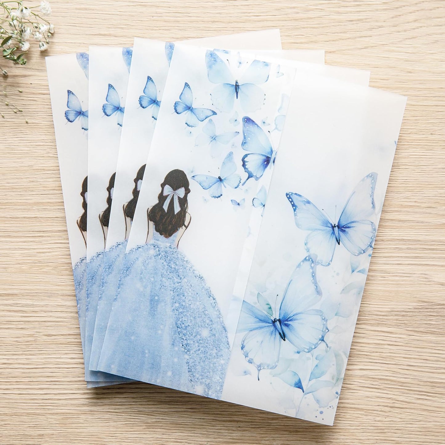 PONATIA 50 PCS Vellum Jackets for 5x7 Invitations - Vellum Paper 5x7 Jackets - 135GSM Blue Girl Butterfly Quinceanera Invitations Wraps - Transparent Cards