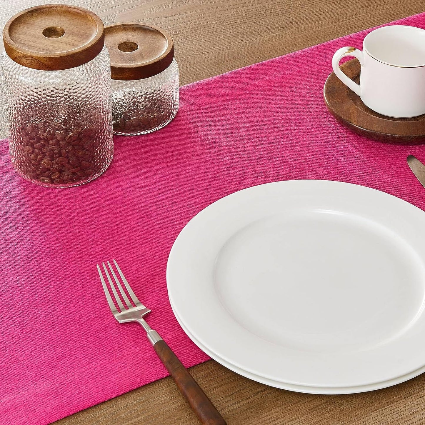 ZeeMart Linen Textured Border Table Runner, 14 x 36 Inch Hot Pink, Farmhouse Style Pink Table Runners 36 Inches Long, Easy Care Everyday Polyester Table Runner