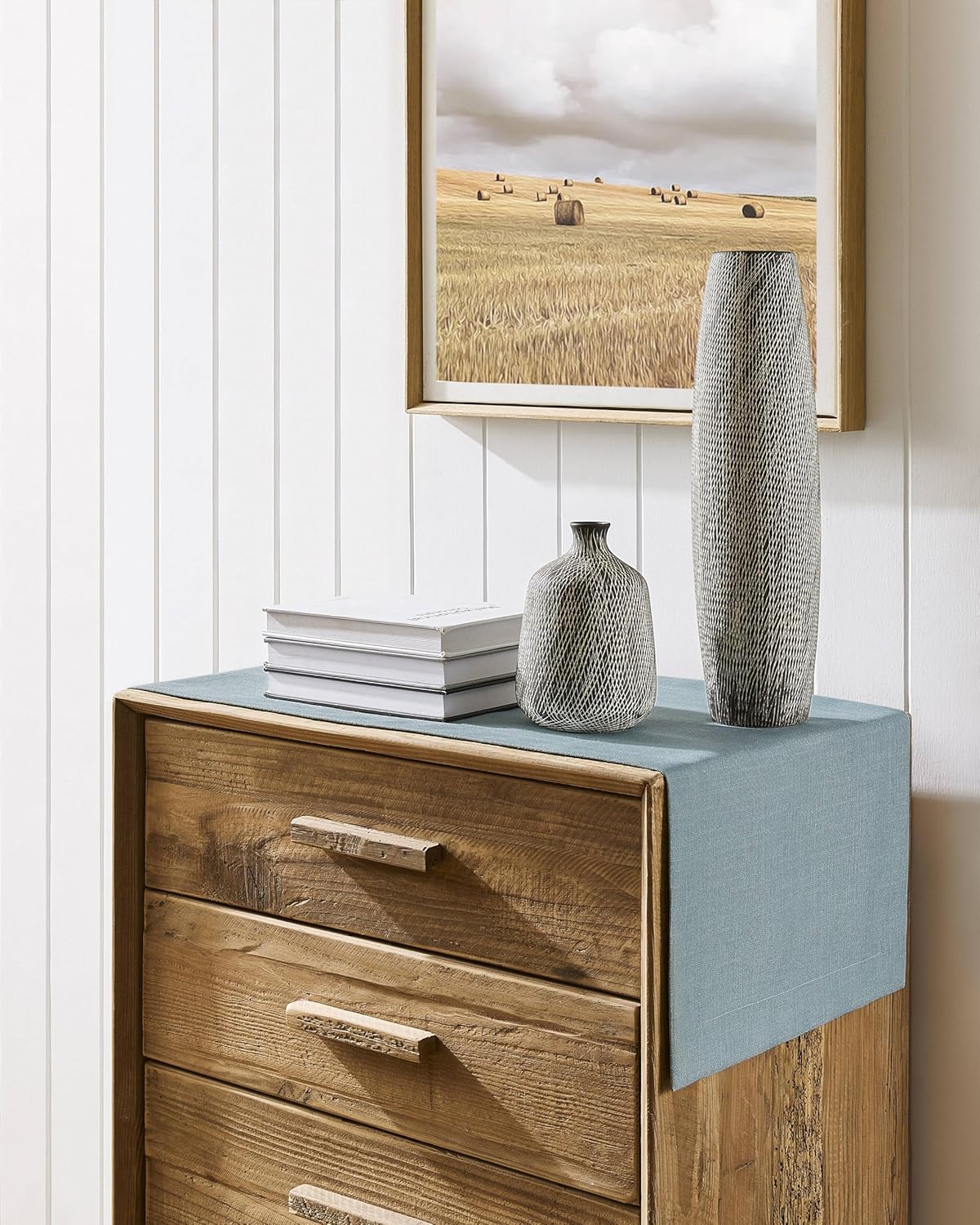 ZeeMart Linen Textured Border Table Runner, 14 x 48 Inch Blue, Farmhouse Style Dusty Blue Table Runners 48 Inches Long, Easy Care Everyday Polyester Table Runner