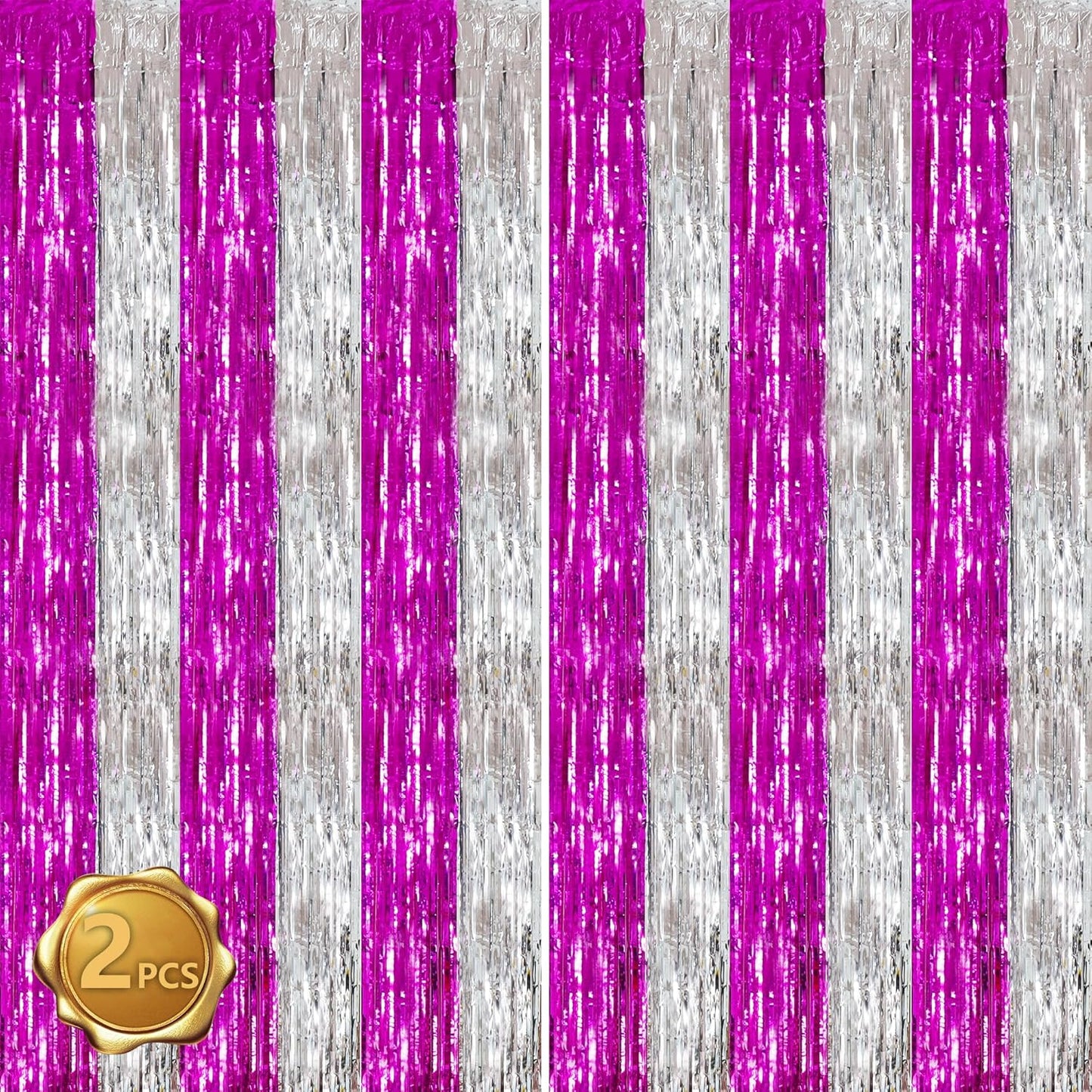 BEISHIDA Hot Pink Silver Door Streamers Backdrop Foil Fringe Tinsel Party Streamers Curtains Photo Backdrop - 2Pcs for Birthday Graduation Bachelorette Party Decoations