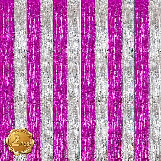 BEISHIDA Hot Pink Silver Door Streamers Backdrop Foil Fringe Tinsel Party Streamers Curtains Photo Backdrop - 2Pcs for Birthday Graduation Bachelorette Party Decoations