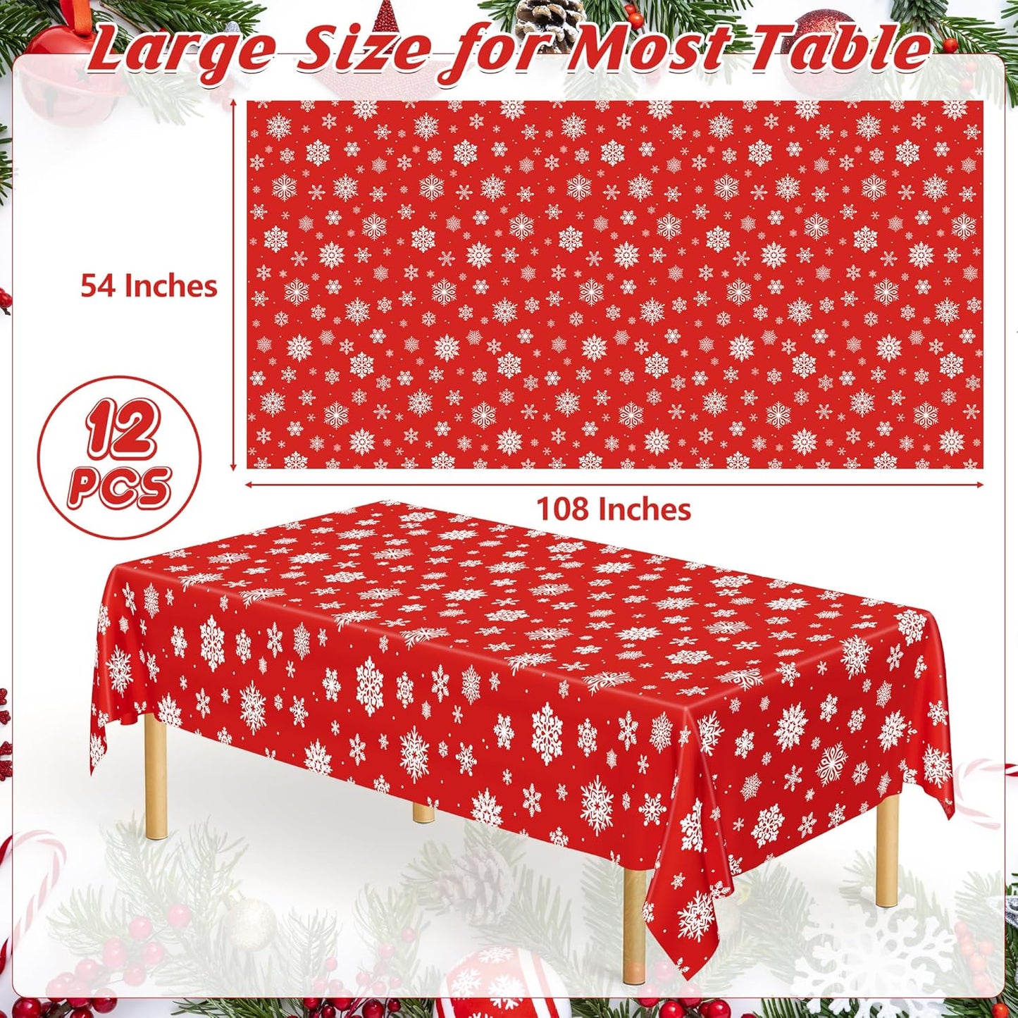 QZYL 12 Pack Christmas Table Cloths, 54" x 108" Holiday Plastic Tablecloth, Snowflakes Disposable Tablecloth Xmas Rectangle Tablecover, Christmas Table Decorations Holiday Party Decor