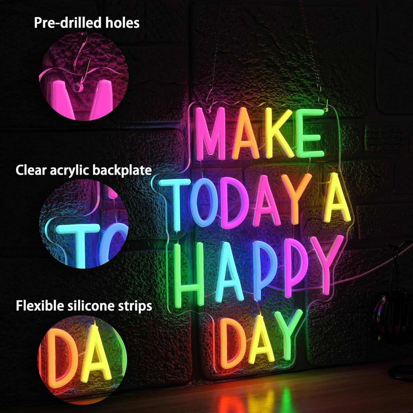 Make Today a Happy Day Neon Sign,Dimmable Positive Quote Neon Light Inspirational Letter LED Light for Wedding School Office(11.81 * 14.57In)