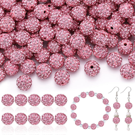 105pcs 10mm Rhinestone Beads for Jewelry Making, Pink Shiny Round Disco Ball Beads Bulk, Sparkle Crystal Clay Christmas for Bracelet Baseball Necklace Earring Crafting and DIY