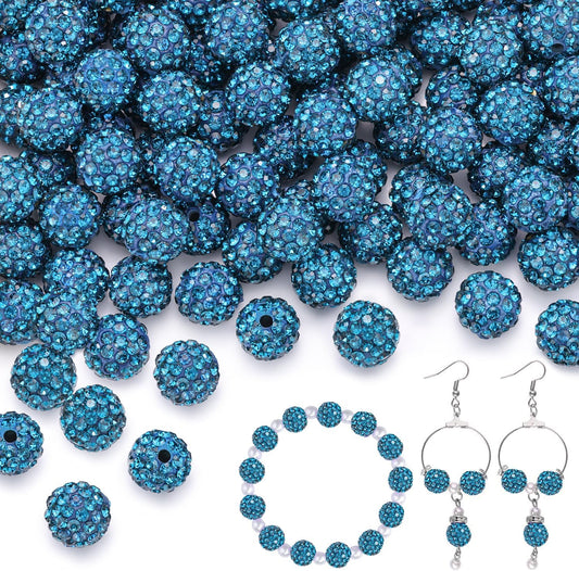 200pcs 10mm Blue Zircon Rhinestone Beads for Jewelry Making, Shiny Round Shamballa Disco Ball Beads, Sparkle Crystal Clay Christmas for Bracelet Baseball Necklace Earring Crafting and DIY