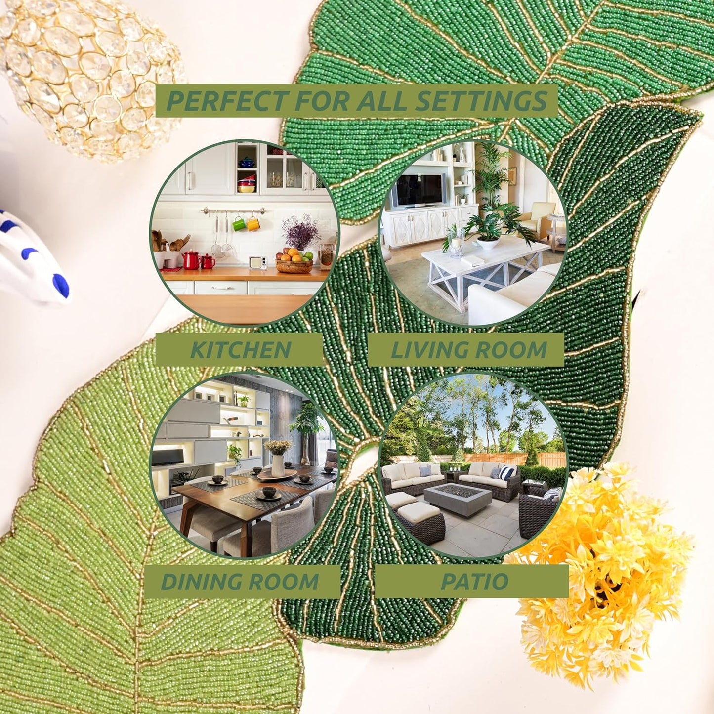 Luxury Beaded Table Runner - 13x36 Inches Handcrafted Leaf Pattern with Glass Beads & Polyester Back - Elegant Table Decor for Dining, Coffee Table & Events (Green) - CLEENTABLE