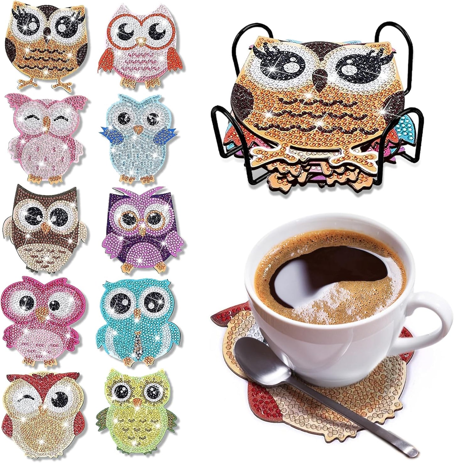 10 pcs Diamond Painting Coasters | Diamond Art Coasters | Owls Diamond Art Painting | Perfect Art Craft Gift for Owl Lover, Dad, Mom, Grandparents, Brother, Sister.