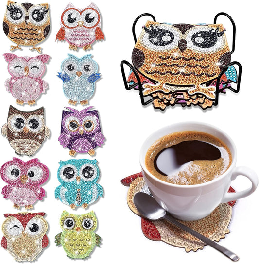 10 pcs Diamond Painting Coasters | Diamond Art Coasters | Owls Diamond Art Painting | Perfect Art Craft Gift for Owl Lover, Dad, Mom, Grandparents, Brother, Sister.