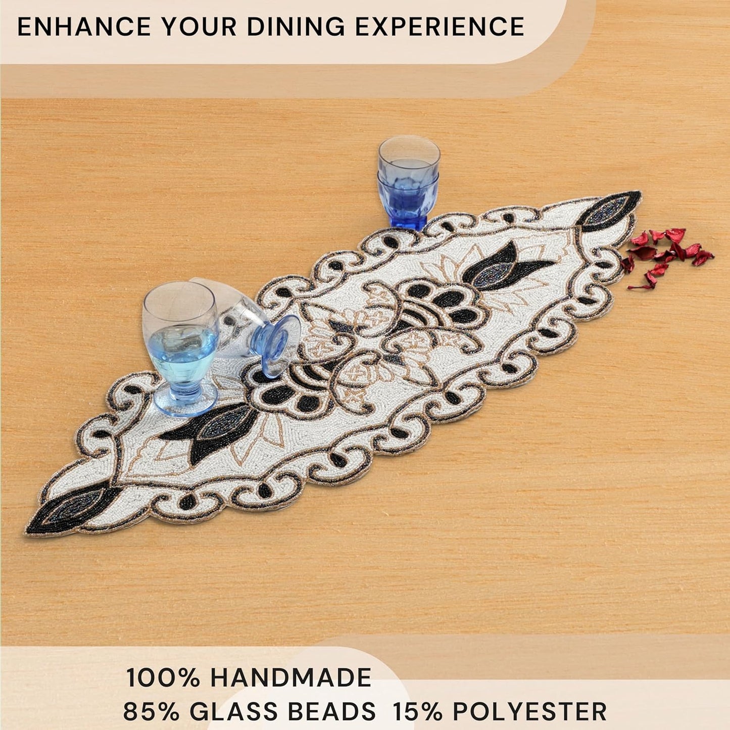 36" Decorative Beaded Table Runner - Handcrafted Floral Design with Durable Polyester Backing for Dining, Coffee Table & Special Occasions (Black White Brown) - CLEENTABLE