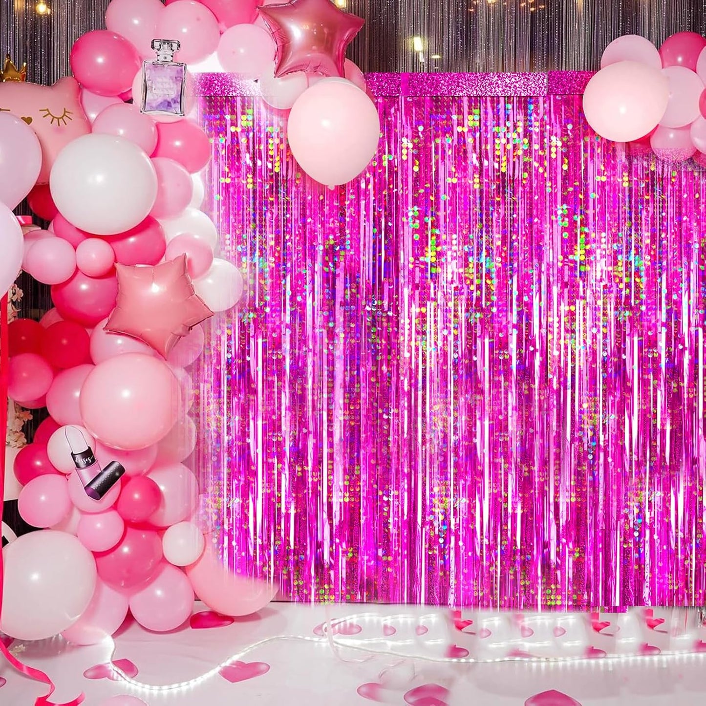 4 Packs Hot Pink Foil Fringe Curtain, Pink Glitter Metallic Tinsel Backdrop for Birthday, Wedding, Baby Shower, Bachelorette Cowgirl Princess Party Decorations Supplies