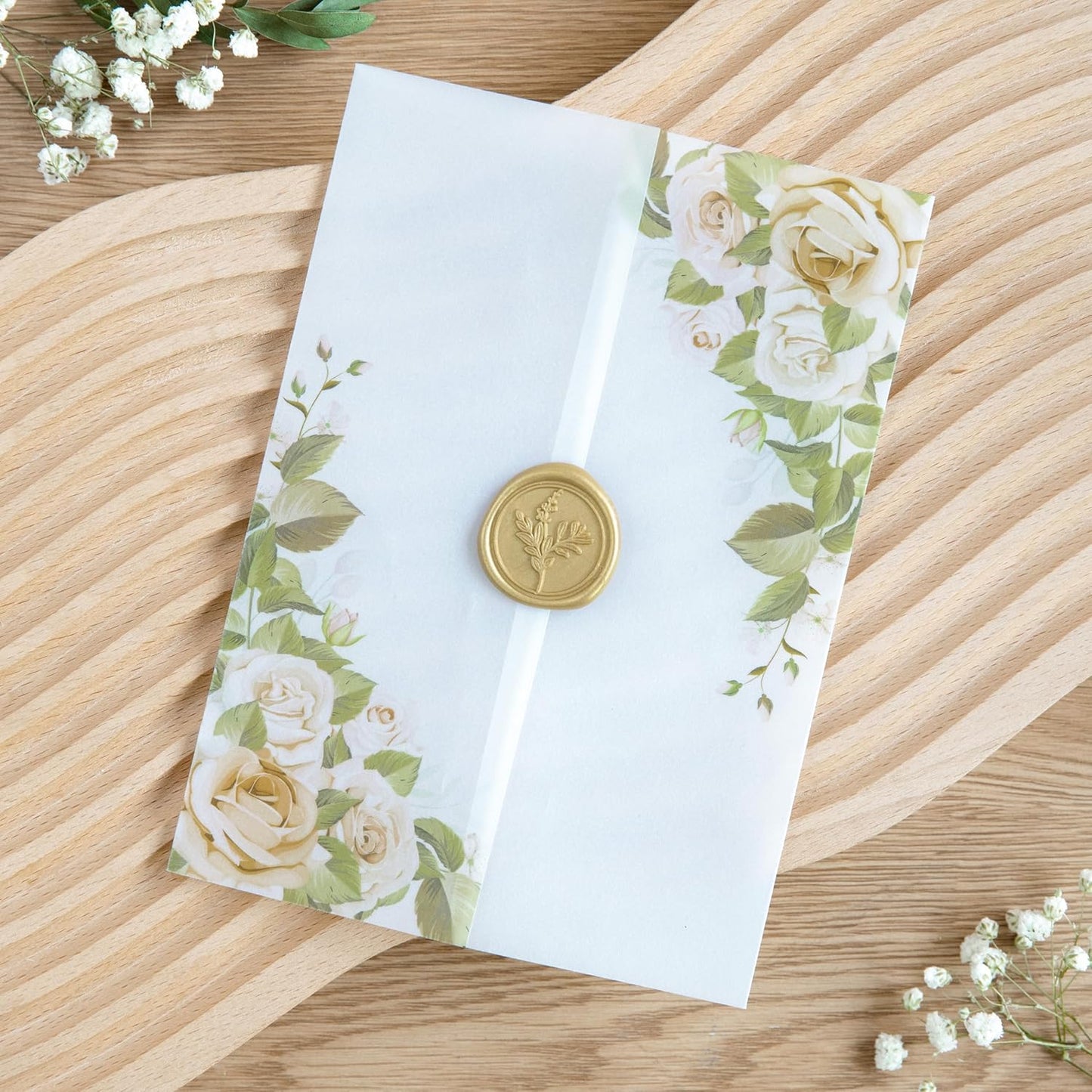 PONATIA 50PCS Vellum Jackets for 5x7 Invitation Cards- 135GSM Champagne Flowers Vellum Sleeves, VVellum Sleeves, 5x7 Clear Jackets - Wedding Invitations Wraps - Transparent Card Jackets