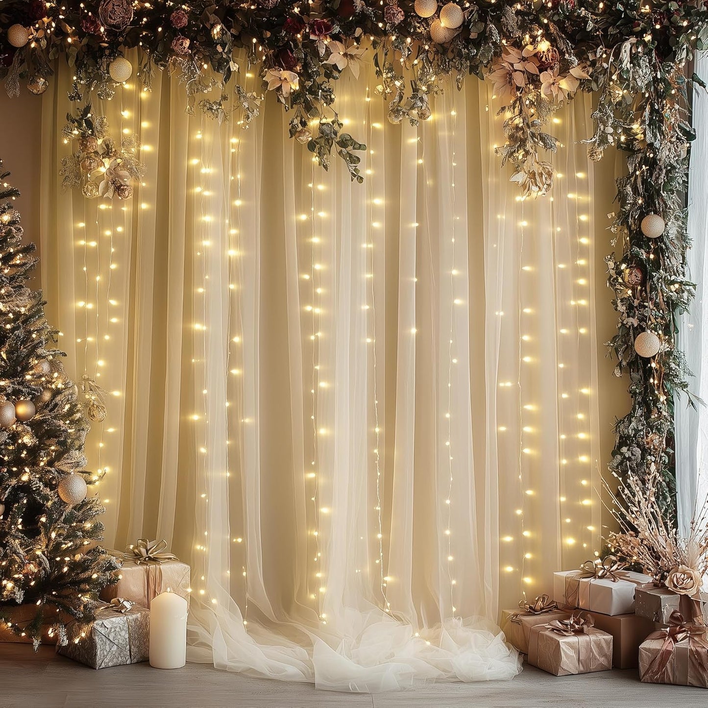 Tulle Backdrop Curtain with Lights String 10FT X 8FT Champagne Sheer Tulle Backdrop Curtains for Wedding Birthday Party Reception Photo Booth Background Decorations (2 Panels 5x8FT)