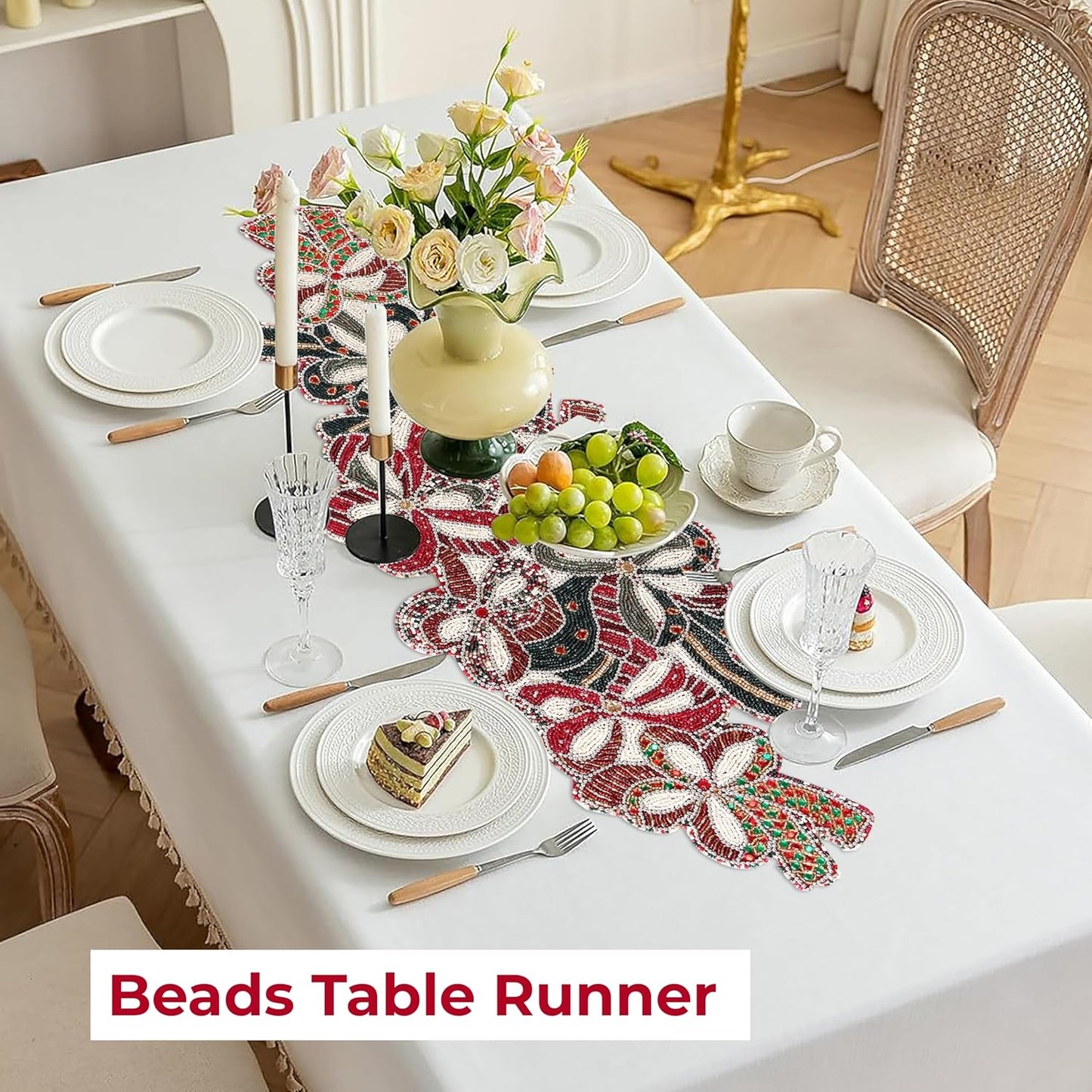 Elegant Glass Beads Table Runner 13x36 - Handcrafted Beaded Table Linen, Perfect for Weddings, Festive Celebrations, Dining Tables, Home Décor, and Everyday Use (Red White) - CLEENTABLE