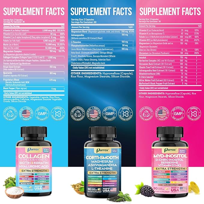 She Shines Set, Collagen Peptides Types I, II, III, V, X, Biotin, Keratin, Myo Inositol, D-Chiro Inositol, DIM, Vitex, Berberine, Cortisol Support, Magnesium, Ashwagandha, L-Theanine Lions Mane