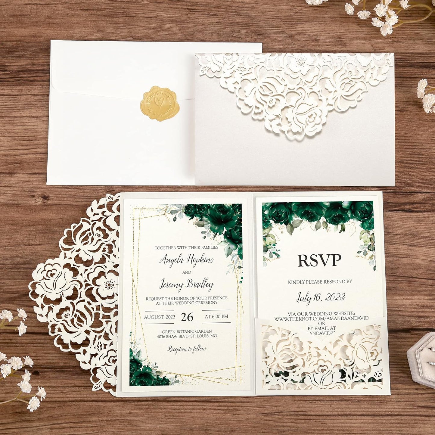 DORIS HOME 50pcs Laser Cut Wedding Invitations with Envelopes and RSVP Cards Green and Ivory White, 4.7x7.1 Personalized Invitation Cards for Wedding, Anniversary Invitations with Envelopes