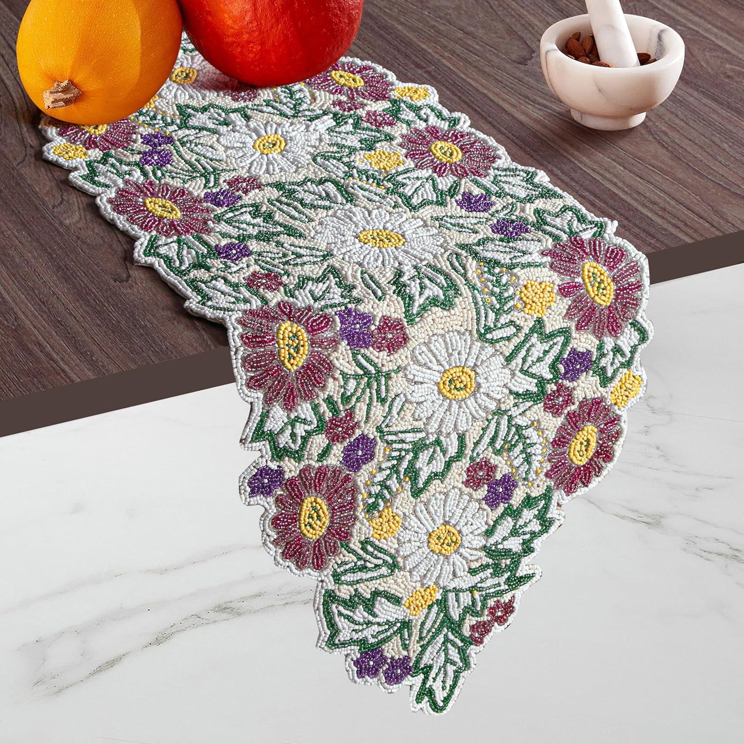 Luxury Beaded Table Runner - 13x36 Inches Handcrafted Spring Floral Design with Glass Beads & Polyester Back - Elegant Table Decor for Dining, Coffee Table & Events (Multi) - CLEENTABLE