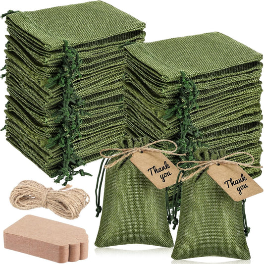 Woanger 100 Pcs Burlap Gift Bags with 100 Pcs Kraft Paper Gift Tags Drawstring Favor Bulk Burlap Sack Bags for DIY Wedding Party Craft (4 x 6 Inch,Army Green)