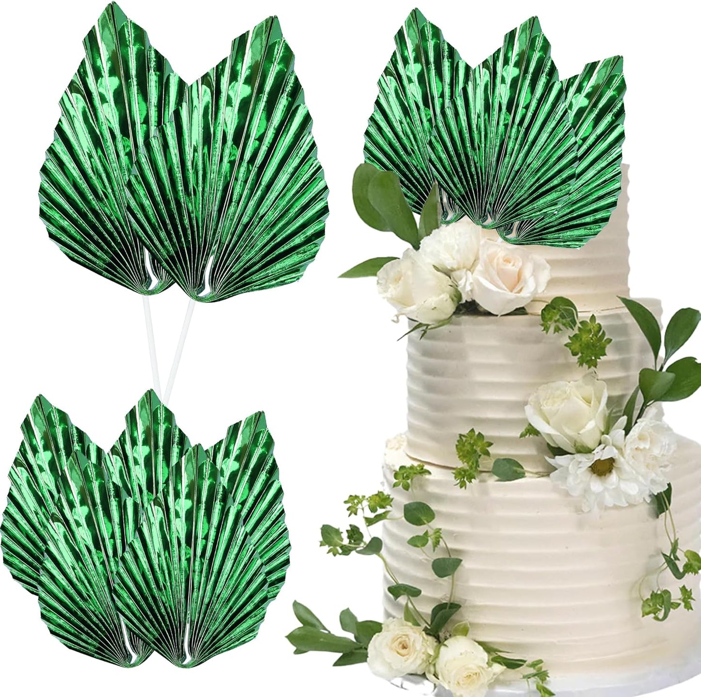 Ephlyn 6Pcs Paper Palm Leaves Fan Cake Toppers Palm Leaf Fan Cake Picks Craft DIY Fan Cupcake Toppers Palm Spear Leaves Cake Decorations for Baby Shower Wedding Birthday Party Supplies Bright Green