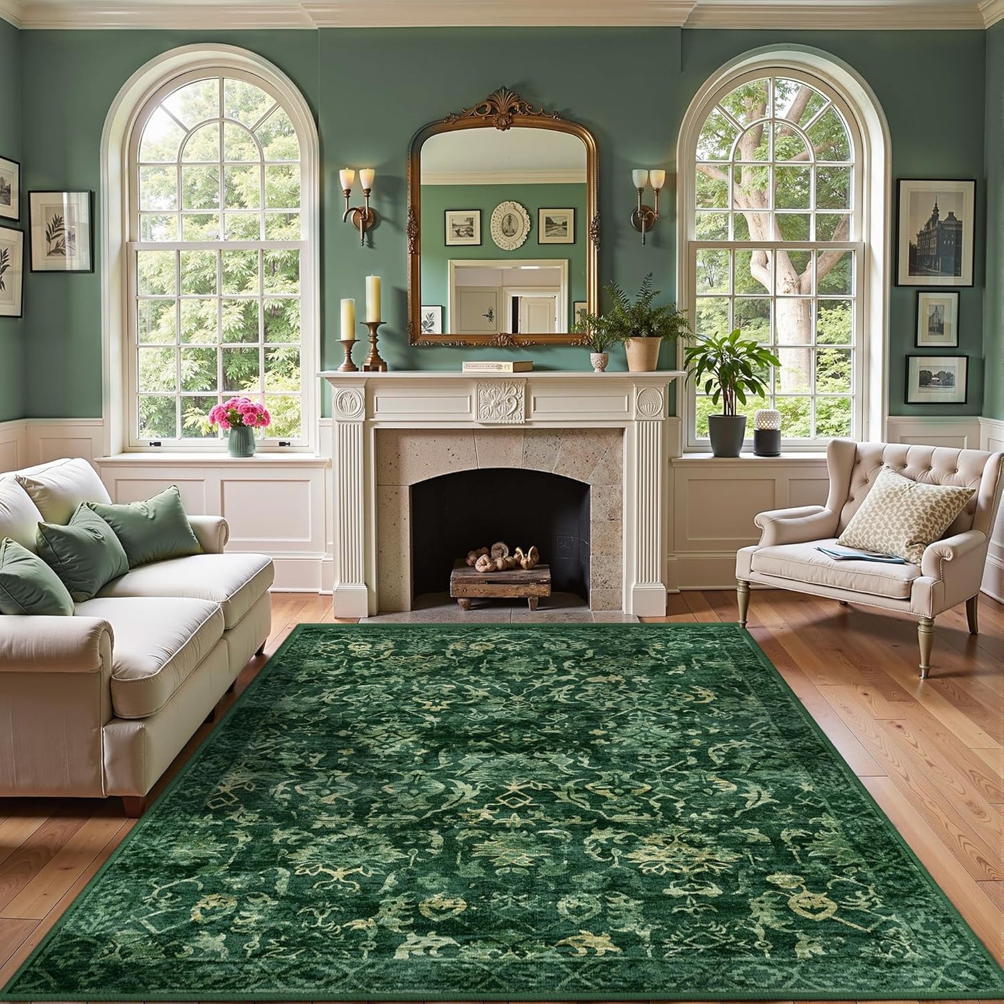 Dark Green Area Rugs 6x9 for Living Room, Washable Vintage Rugs for Bedroom, Distressed Throw Rug, Non Slip Rug Carpet for Bedroom Dining