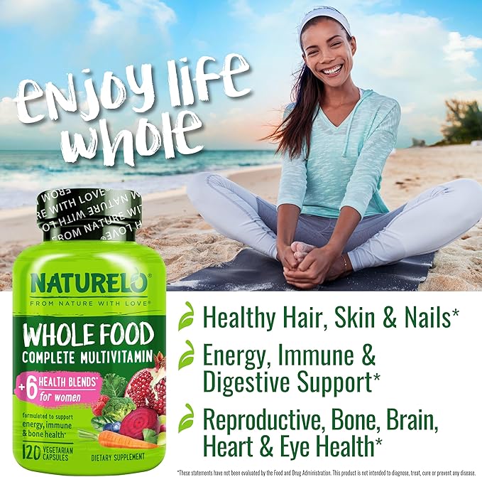 NATURELO Whole Food Multivitamin for Women - with Vitamins, Minerals, & Organic Extracts - Supplement for Energy and Heart Health - Non GMO - 120 Vegan Capsules