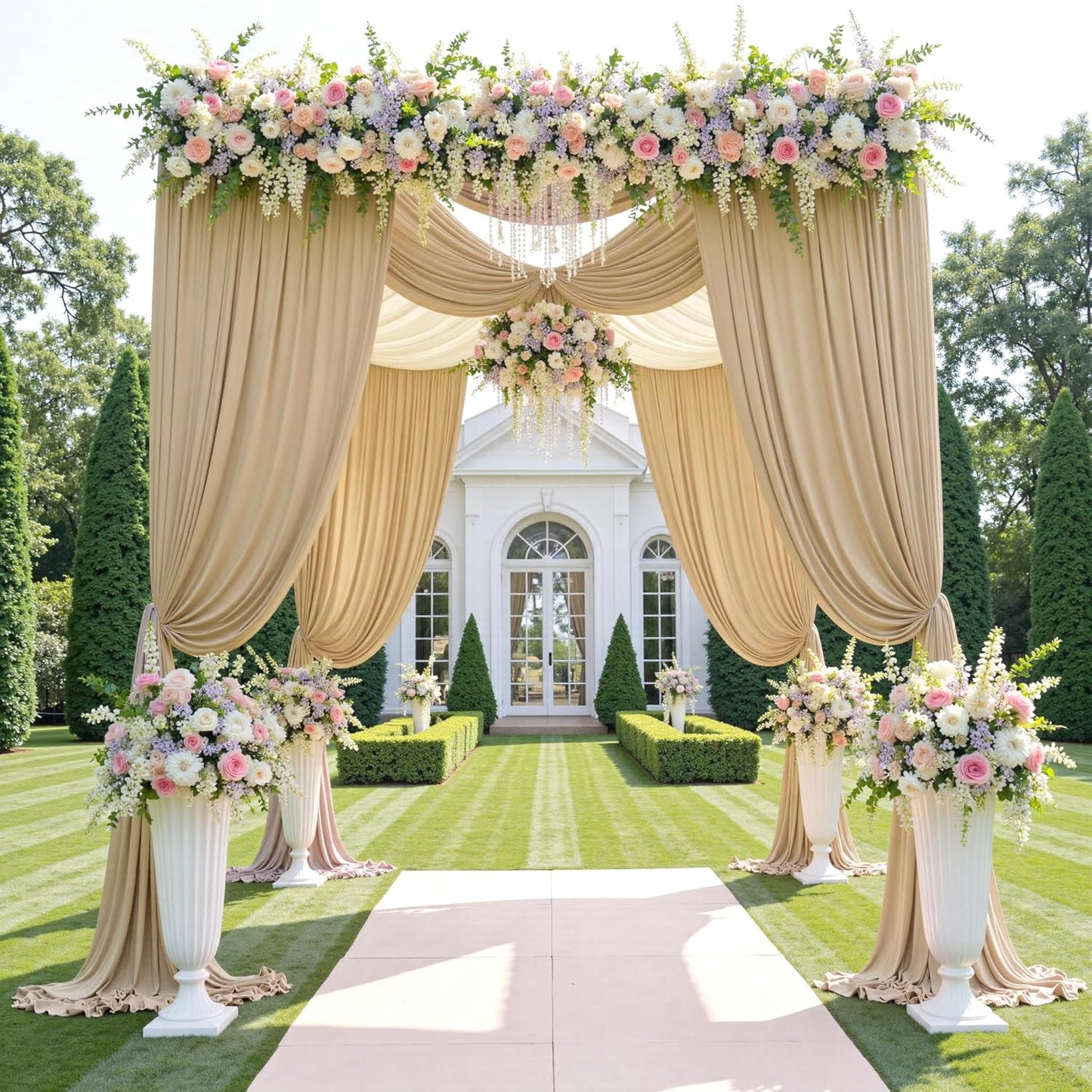 60ftx12ft Wrinkle Free Beige Backdrop Curtain, 12 Panels 12FT Height Beige Wedding Backdrop Drapes, Silky Polyester Back Drop Cloth for Birthday Photography Background Party Backdrop Draping