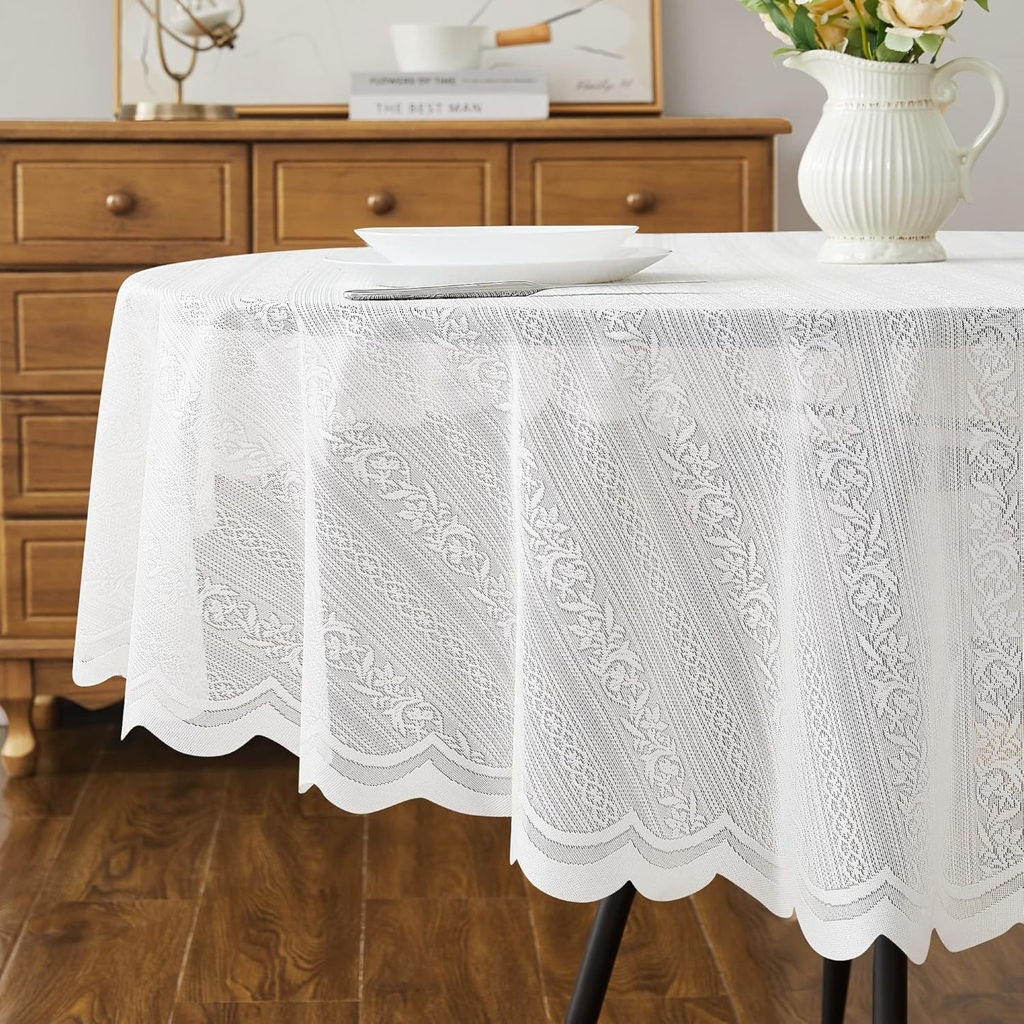 LinenZone Round Lace Tablecloth with Elegant Scalloped Bottom for Any Special Event Such as Wedding, Birthday Party, Baby Shower, Anniversary. Sits 4 to 6 People. (Linda 70 Round, Ivory)