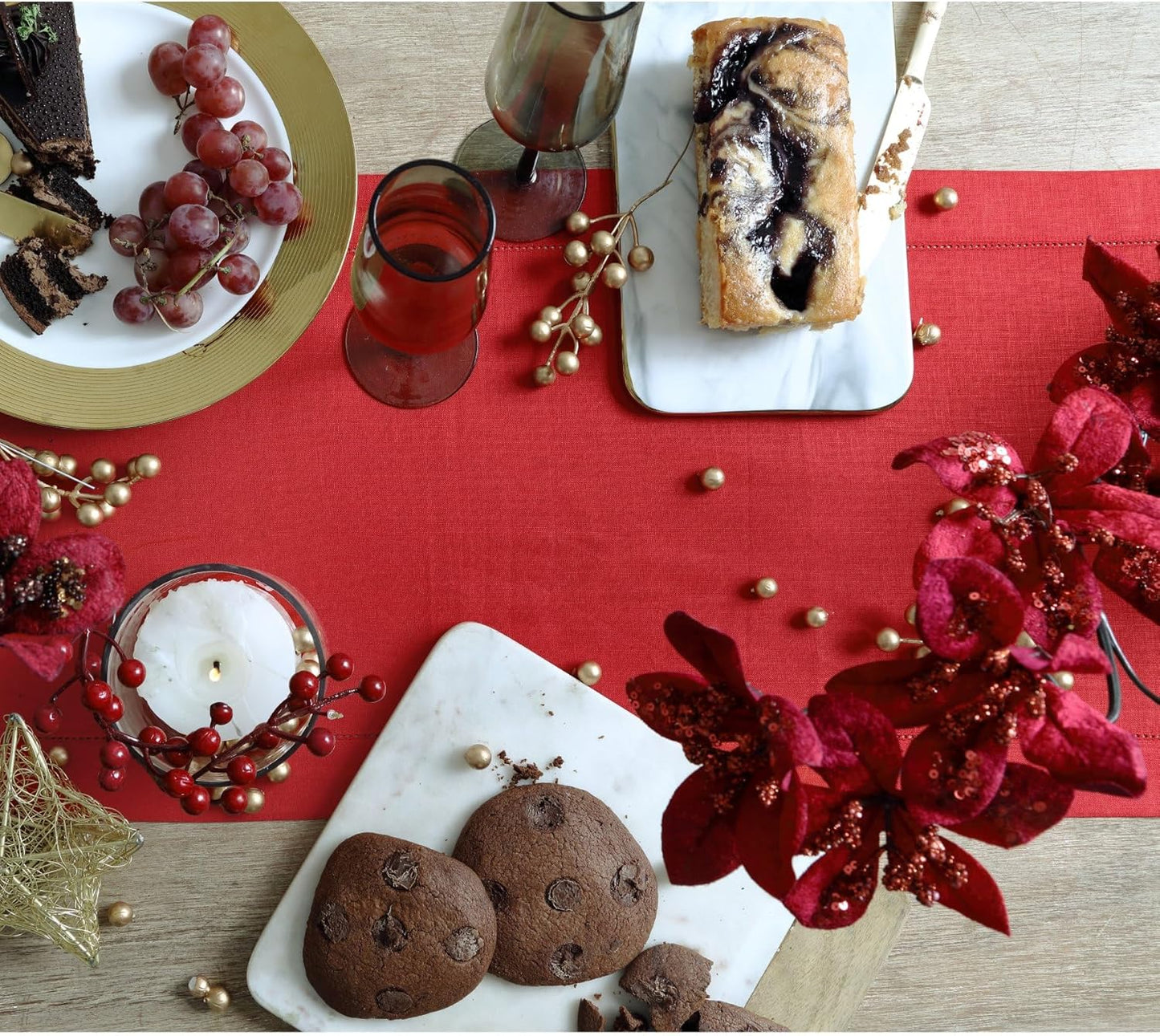 Solino Home Linen Red Table Runner 72 Inches Long - 100% Pure Linen Hemstitch Table Runner 14 x 72 Inch for Dresser, Dining, Christmas, Holiday - Classic Hemstitch