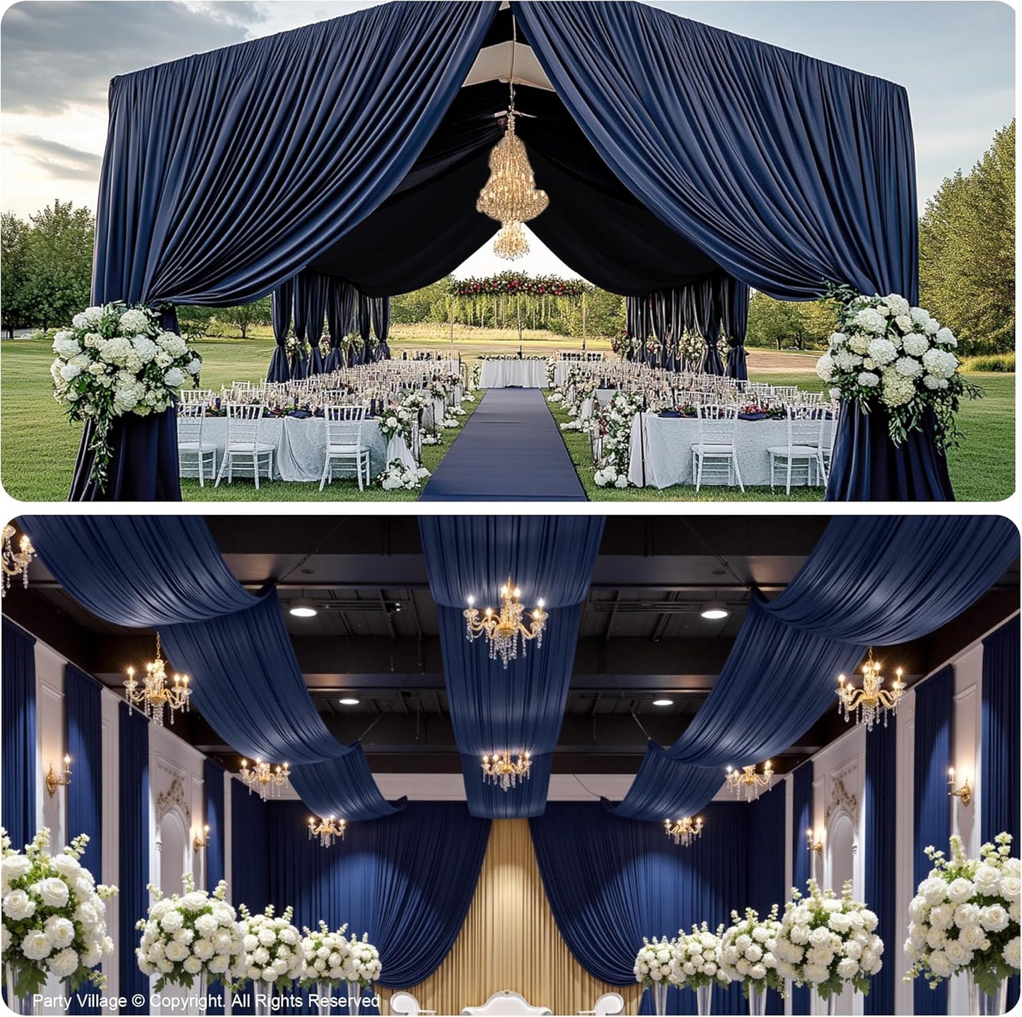 PartyVillage 50ftx40ft Navy Blue Ceiling Curtain for Wedding Parties – 10 Panels Wrinkle-Free 40 FT Long Tent Draping Curtains for Wedding, Birthday & Theme Parties, 40ft Height with Rod Pocket