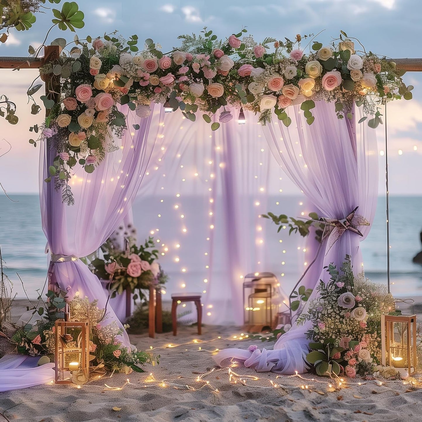 Tulle Backdrop Curtain with Lights String 10FT X 8FT Lavender Sheer Tulle Backdrop Curtains for Wedding Birthday Party Reception Photo Booth Background Decorations (2 Panels 5x8FT)