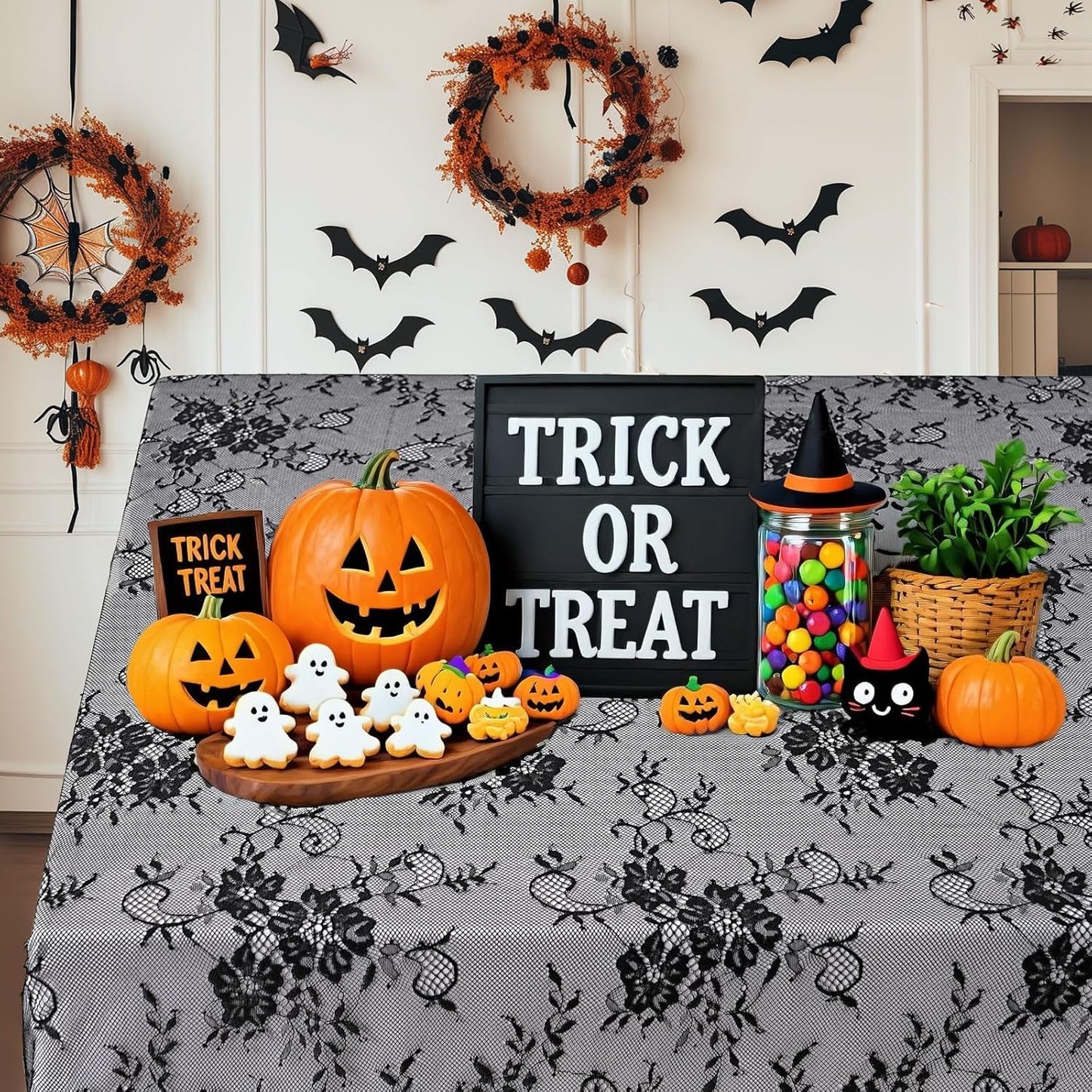 Black Tablecloth Halloween Lace Table Fabric 2pcs 60x120 Inch for Scary Movies Rustic Wedding Bridal Shower Party Decoration Rectangle Overlay Vintage Embroidered Reception Table Cloth Decor