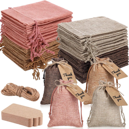 Woanger 100 Pcs Burlap Gift Bags with 100 Pcs Kraft Paper Gift Tags Drawstring Favor Bulk Burlap Sack Bags for DIY Wedding Party Craft(4 x 6 Inch,Beige, Medium Brown, Dark Brown, Gray Pink)