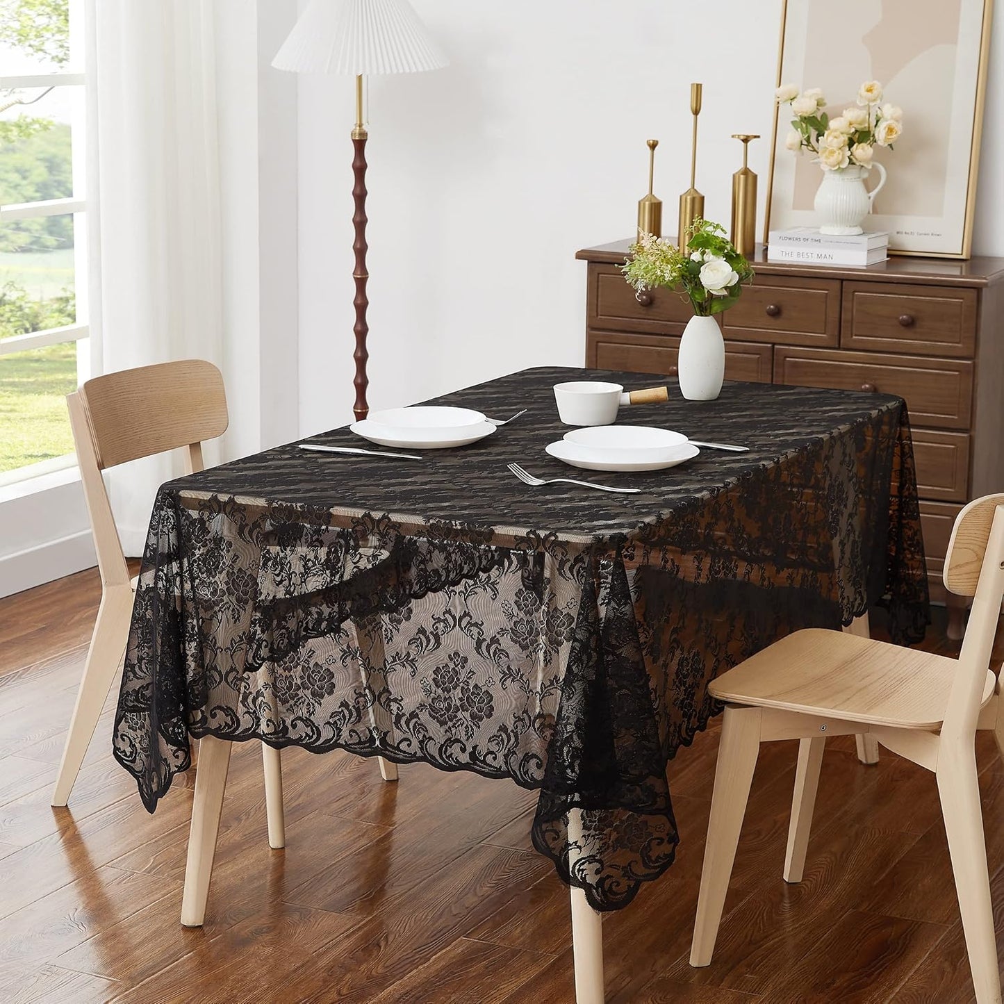 LinenZone Black Rectangle Tablecloth for Rustic Vintage Decor. Sheer Lace Table Cloth Works Great As Wedding Tablecloth or Thanksgiving Table Cover. (Mia TC 60 x 120, Black)