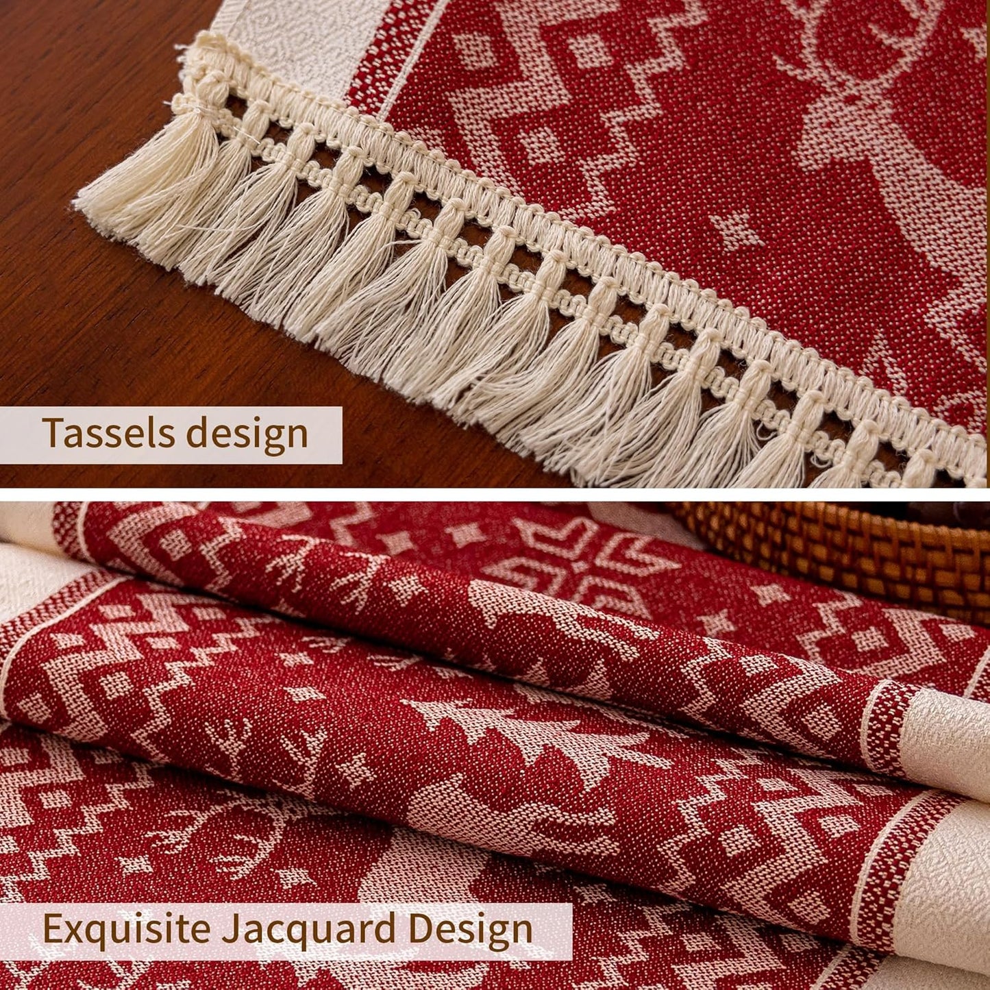 Table Runners 63 Inches,Elk Table Runner with Tassel Fringe,Christmas Table Runner for Party，Coffee Table, Festival