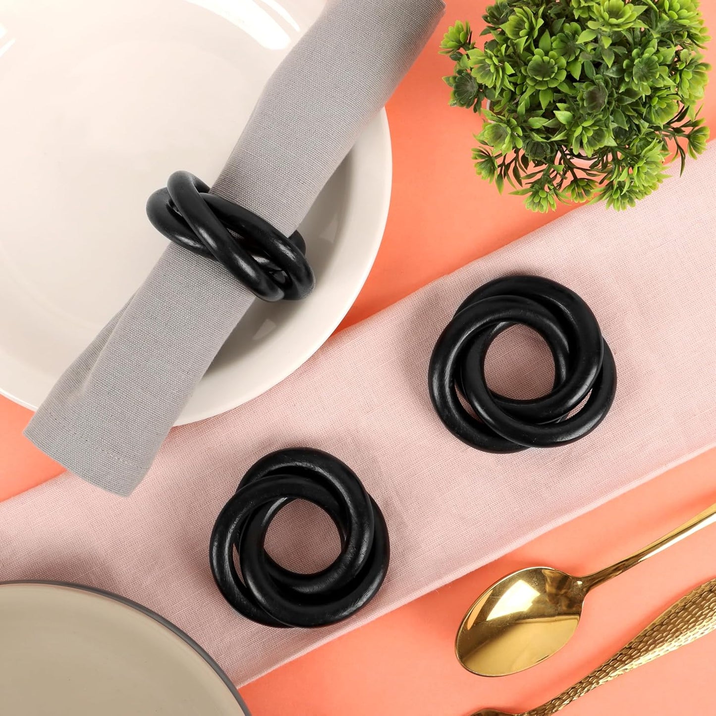 Three Ring Wooden Napkin Rings Set of 12 - Acacia Wood Interlocked Napkin Holder Cuffs for Dinner Table Décor - Rustic Modern Serviette Rings for Weddings, Parties, Receptions (Black) - CLEENTABLE