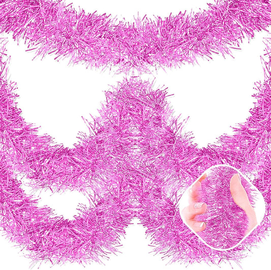 25 Feet Macaron Pink Christmas Tinsel Garland, Metallic Foil Twist Garland Wall Hanging Tinsel Banner Backdrop for Parade Floats, Easter, Mother's Day, Birthday Party Decorations (4in x 25ft)