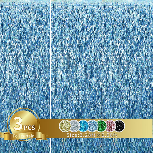 TONIFUL 3Pcs Wavy Metallic Tinsel Foil Fringe Curtains Light Blue Streamer Backdrop for Photo Booth Props,Party Door Wall Curtains,Bachelorette,Underwater World Birthday Party Decor (9.9ft x 6.6ft)