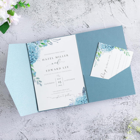 20 Pcs 5.12x7.1'' Sparkle Dusty Blue Tri-fold Laser Cut Wedding Invitation Cards for Wedding Bridal Shower Quinceañera Engagement Birthday Invitation