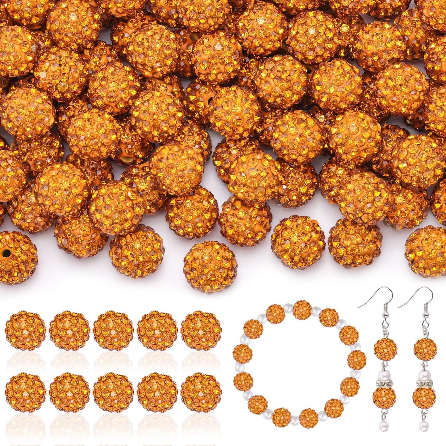 160pcs 10mm Rhinestone Beads for Jewelry Making, Golden Shiny Round Disco Ball Beads Bulk, Sparkle Crystal Clay Christmas for Bracelet Baseball Necklace Earring Crafting and DIY