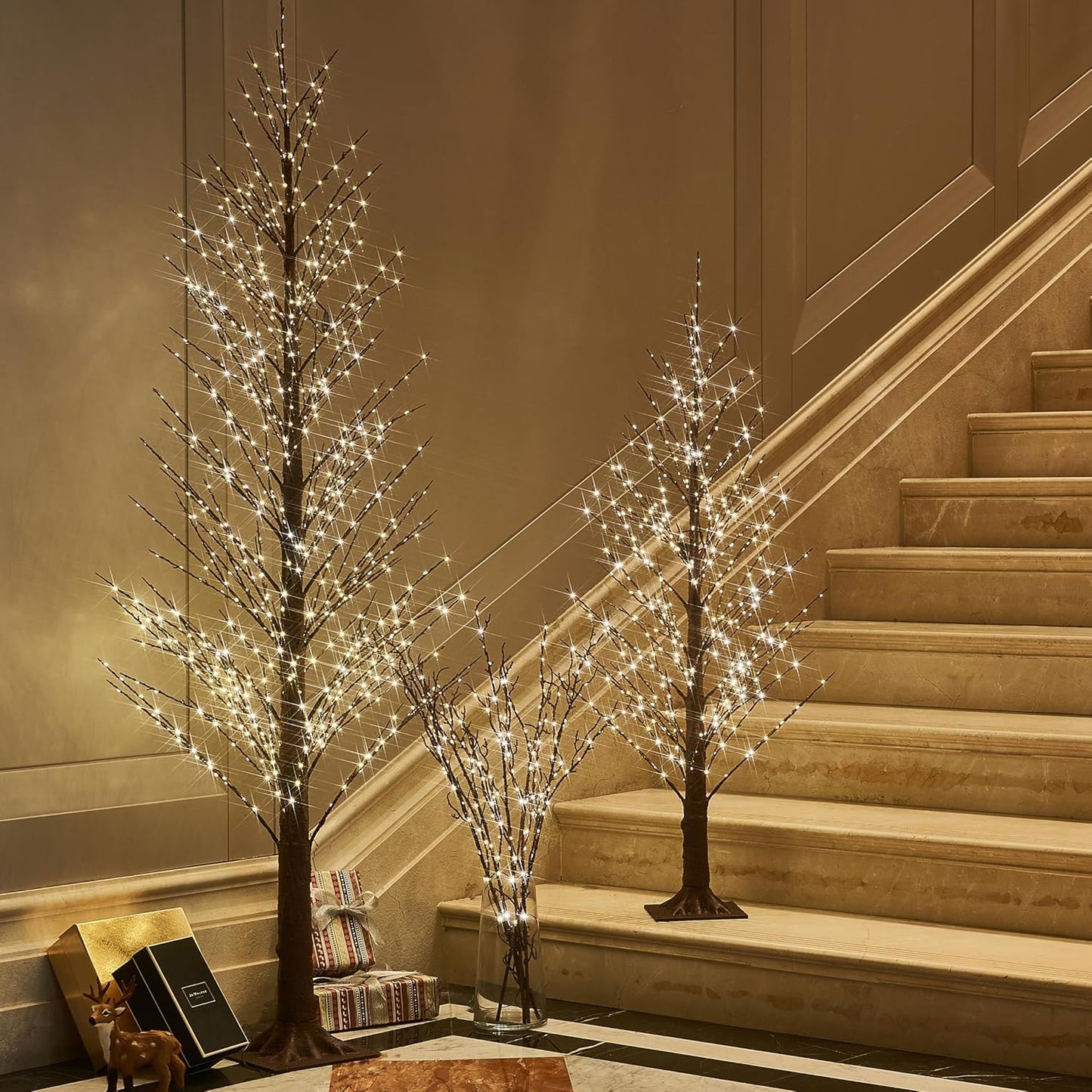 BAOLITVINE Lighted Branches Brown 32IN 200 Warm White Fairy Lights, Lighted Willow Branches with Timer, Dimmer for Home Bedroom Fireplace Christmas Decoration Inside Outdoor