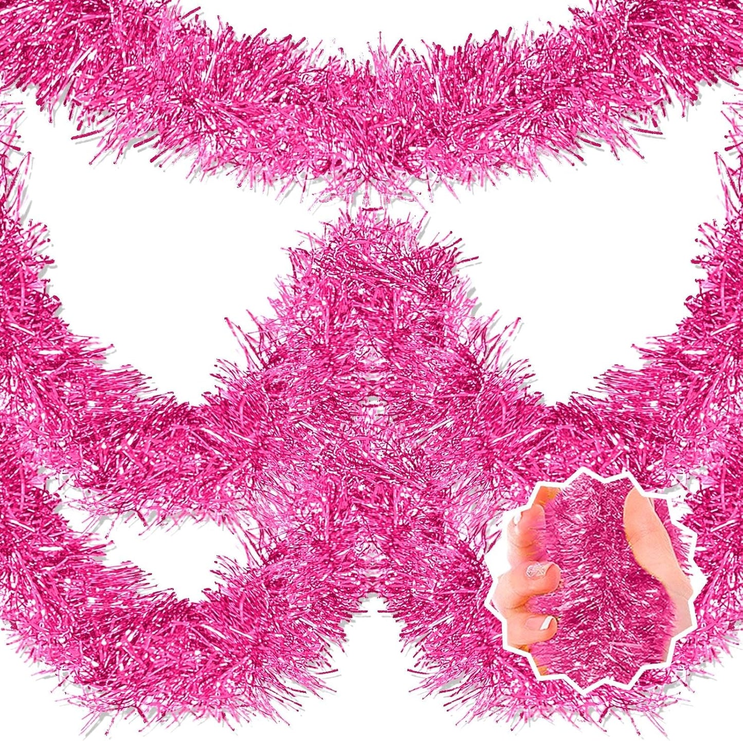 25 Feet Pink Christmas Tinsel Garland, Metallic Foil Twist Banner Wall Hanging Tinsel Streamers Backdrop for Parade Floats, Christmas, Mother's Day, Birthday Party Decorations(4in x 25ft)