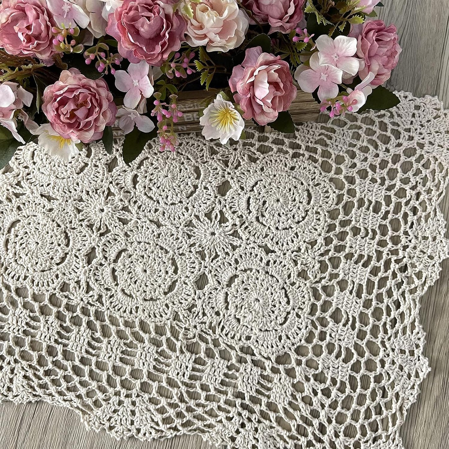 Phantomon Lace Table Runner Rectangular Table Cover Cloth Handmade Crochet Floral Placemats 100% Cotton (Floral Beige, 15x28Inch)