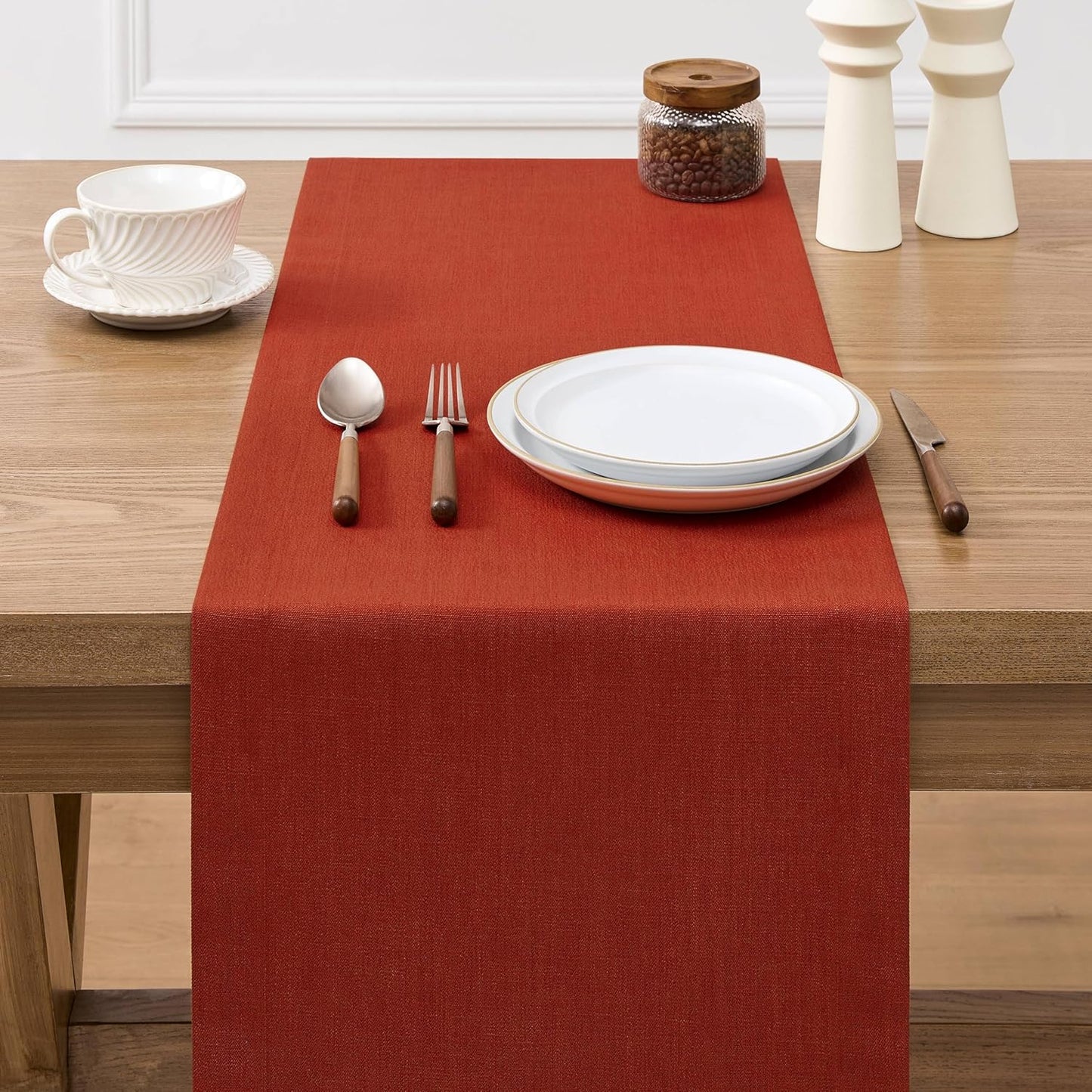 ZeeMart Linen Textured Border Table Runner, 14 x 48 Inch Orange, Farmhouse Style Burnt Orange Fall Table Runners 48 Inches Long, Easy Care Everyday Polyester Table Runner