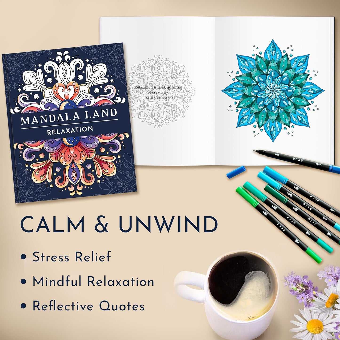 RYVE Mandala Coloring Book for Adults (2 Pack) – 60 Unique Mandalas for Relaxation, Anxiety & Stress Relief – Mindfulness Adult Coloring Book for Women & Men, Inspirational Gifts for Women