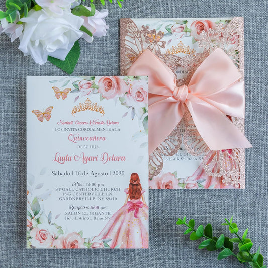 20 PCS 5.12x7.2 Butterfly Personalized Quinceanera Invitation, Customized XV Anos Laser Cut Invitation Cards with Envelopes (Rose Gold Personalized)