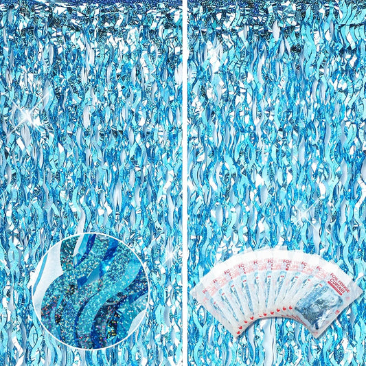 10 Pieces 3.3 x 6.6 Ft Foil Fringe Backdrop Party Wavy Tinsel Fringe Curtain Streamer for Happy New Year Carnival Party Favor 80s 90s Disco Ocean Sea Mermaid Birthday Wedding(Blue)