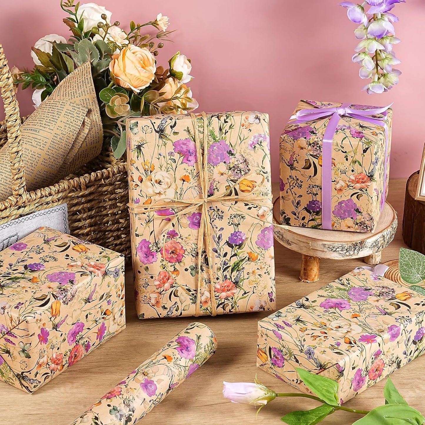 WRAPAHOLIC Kraft Floral Wrapping Paper Roll - Mini Roll - 17 Inch x 16.5 Feet - Garden Wildflower Wrapping Paper Perfect for Girls Women Birthday, Wedding, Bridal Shower