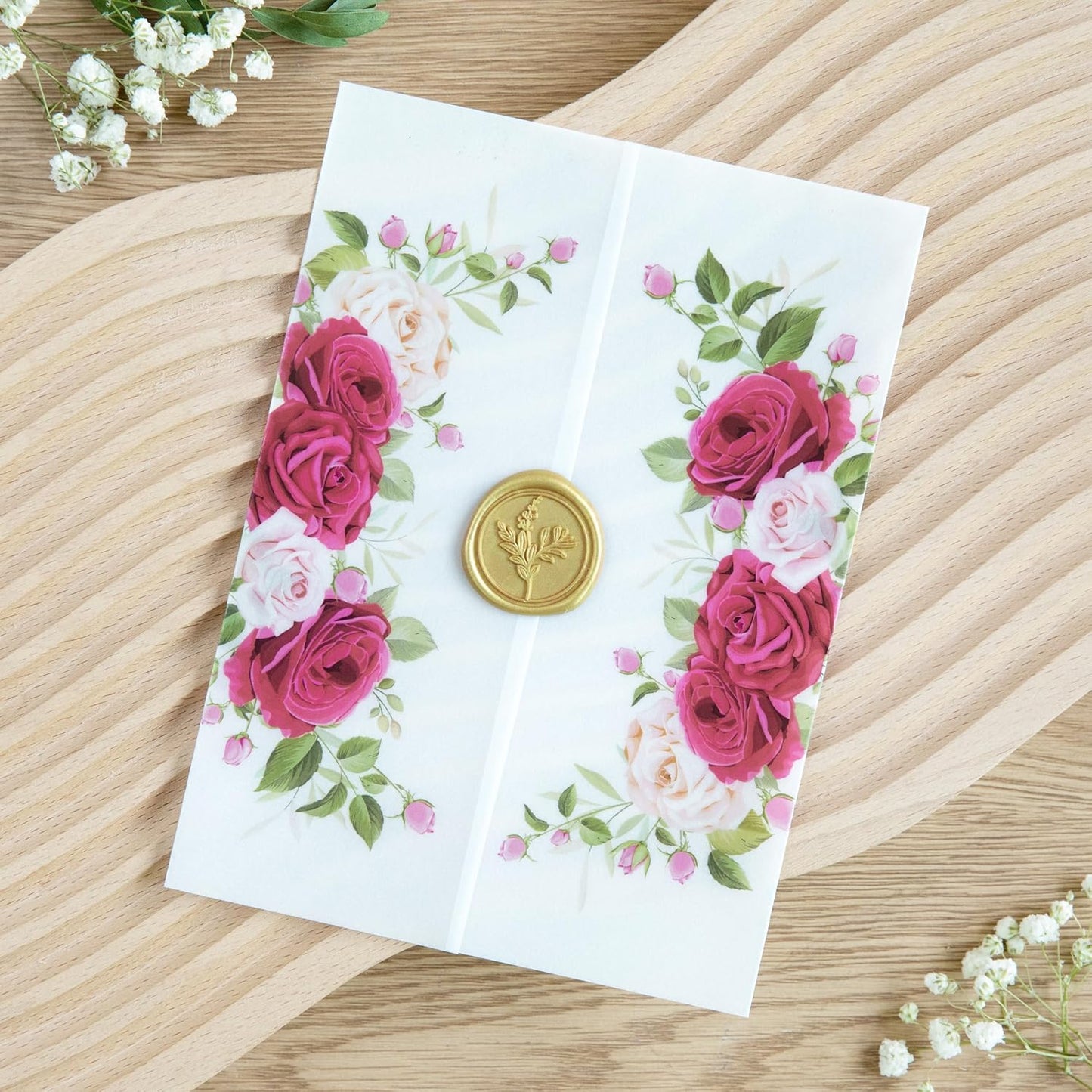 PONATIA 50PCS Vellum Jackets for 5x7 Invitation Cards- 135GSM Fuchsia Flowers Vellum Sleeves Paper 5x7 Jackets - Wedding Invitations Wraps - Transparent Card Jacket