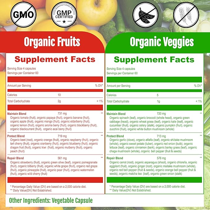 UpNourish Organic Fruits and Veggies Supplement - Support Diet Balance, Body Cleanse & Energy - 480 Fruits and Super Greens Capsules from Nature - Fruit and Vegetable Supplements for Adults & Kids